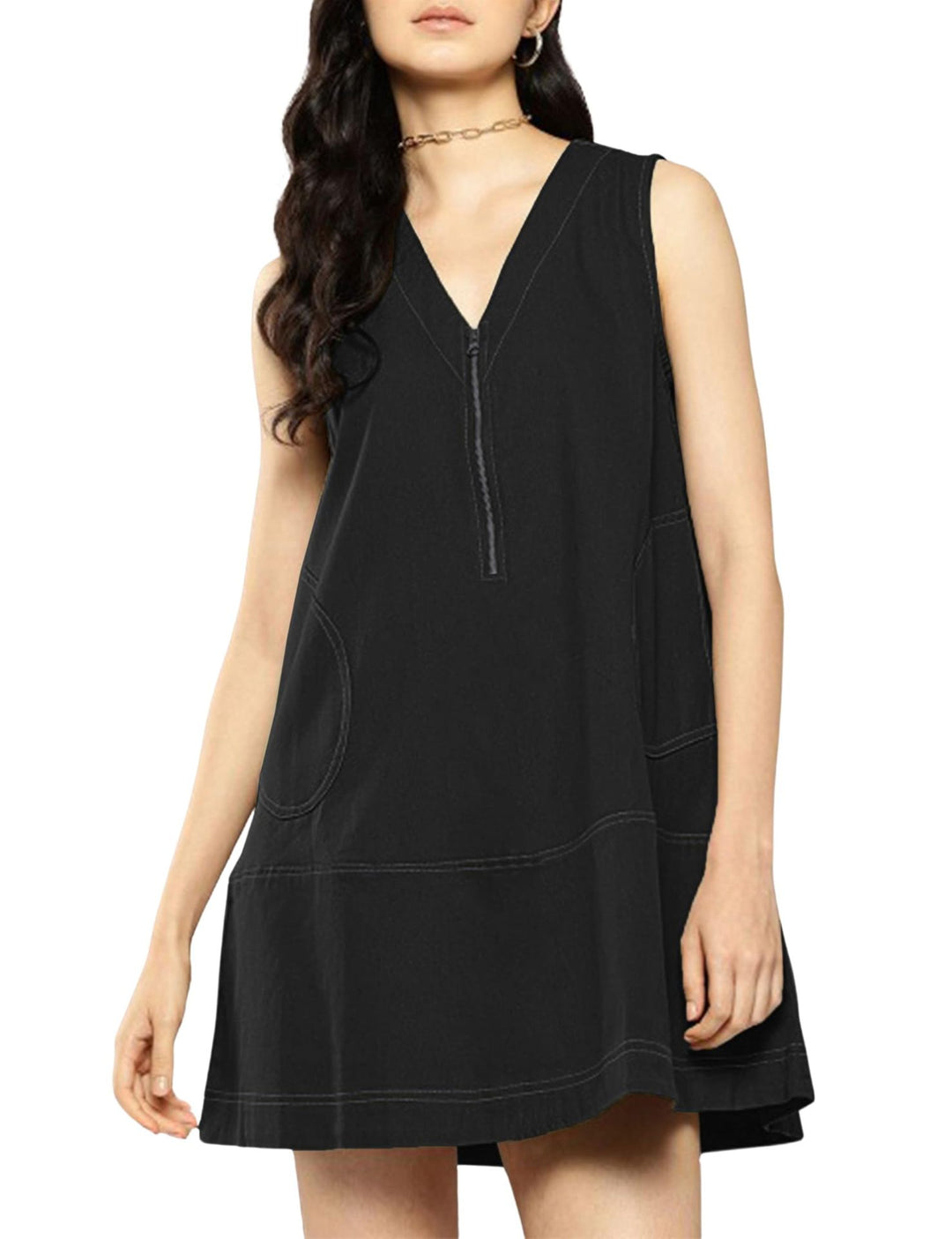 Sleeveless Shift Dress with Half-Zip Front &amp; Contrast Stitching