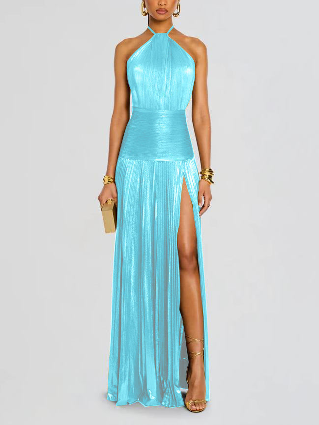 Metallic Olive Green Halter Neck Pleated Gown with High Slit