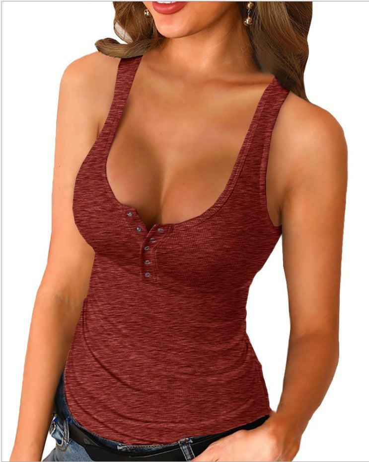 White Ribbed Henley Tank Top