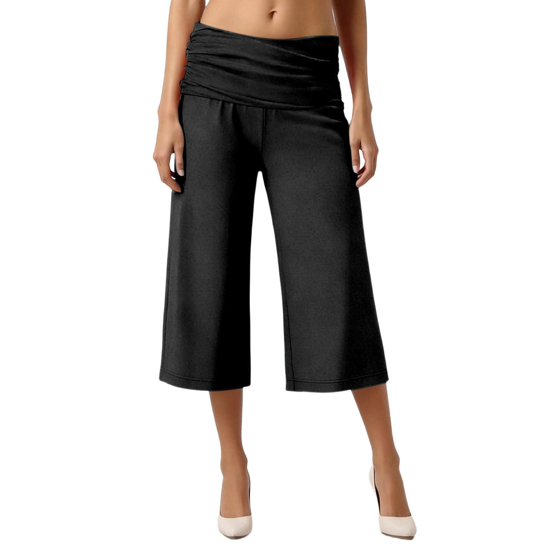 Fold-Over Waist Capri Pants, Soft Stretch Casual Cropped Trousers