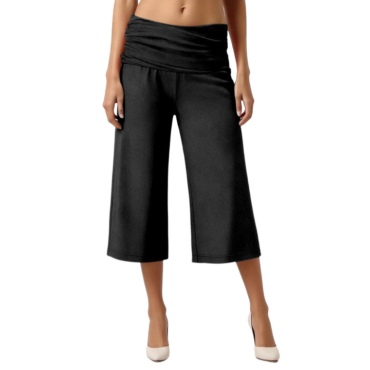 Fold-Over Waist Capri Pants, Soft Stretch Casual Cropped Trousers
