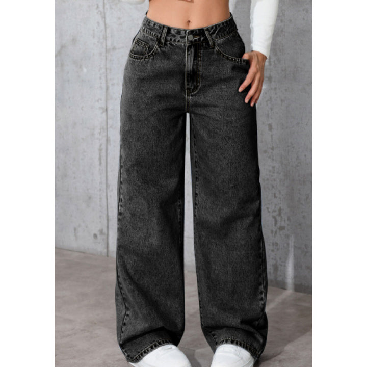 High-Waisted Wide Leg Blue Jeans, Casual Full-Length Denim Pants