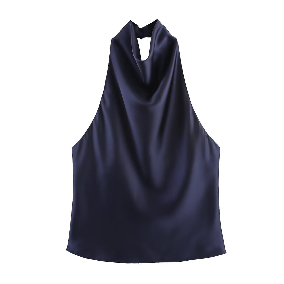 Chocolate Brown Cowl Neck Satin Halter Top, Elegant Sleeveless Blouse for Women