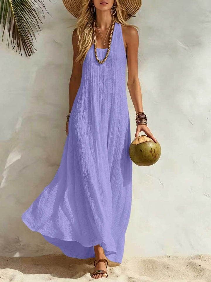 White Sleeveless Crinkled Linen-Blend Maxi Dress