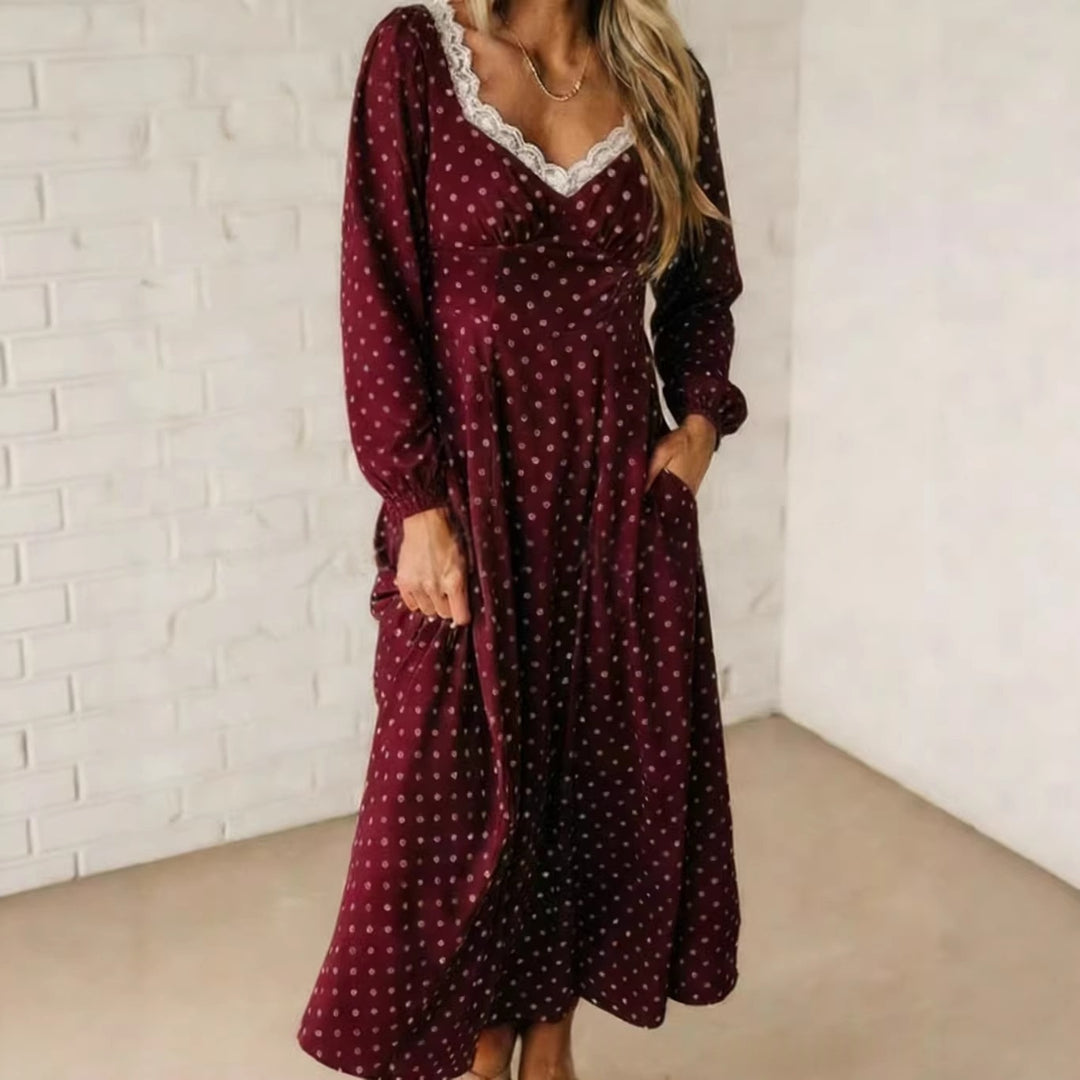 Polka Dot Lace Trim Midi Dress, V-Neck Puff Sleeve Smocked Back Summer Dress