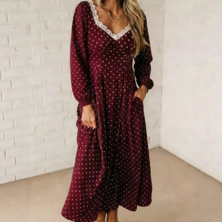 Polka Dot Lace Trim Midi Dress, V-Neck Puff Sleeve Smocked Back Summer Dress