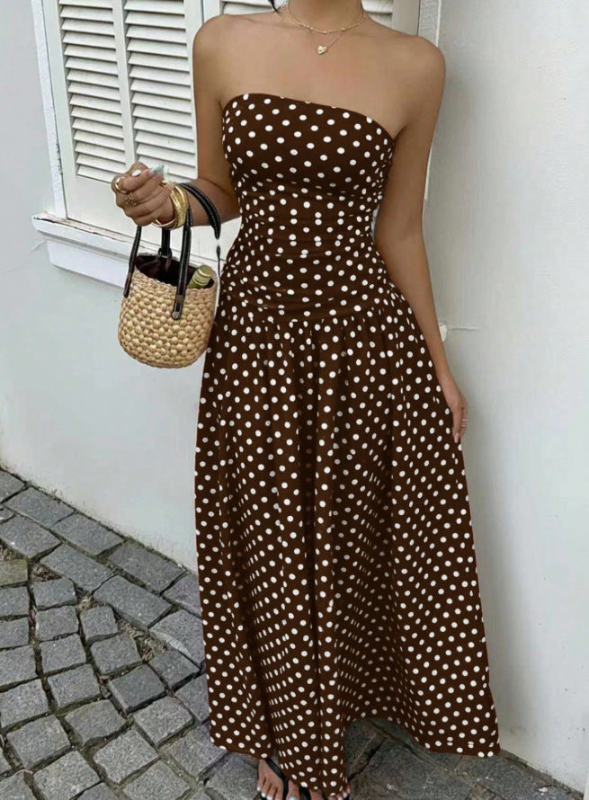 White Polka Dot Strapless Ruched Maxi Dress