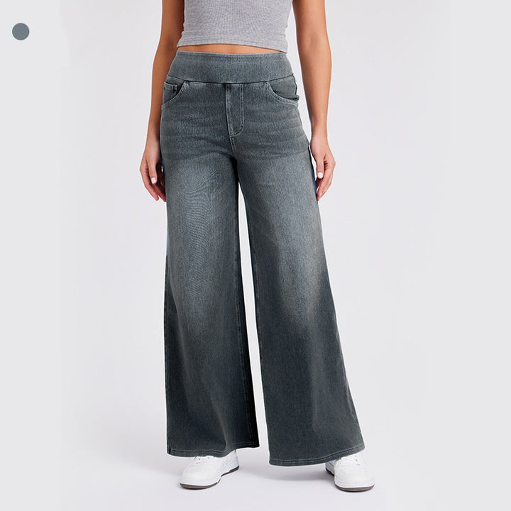 High-Waisted Stretch Pull-On Wide Leg Jeans | Ultra Comfort Soft Denim Pants