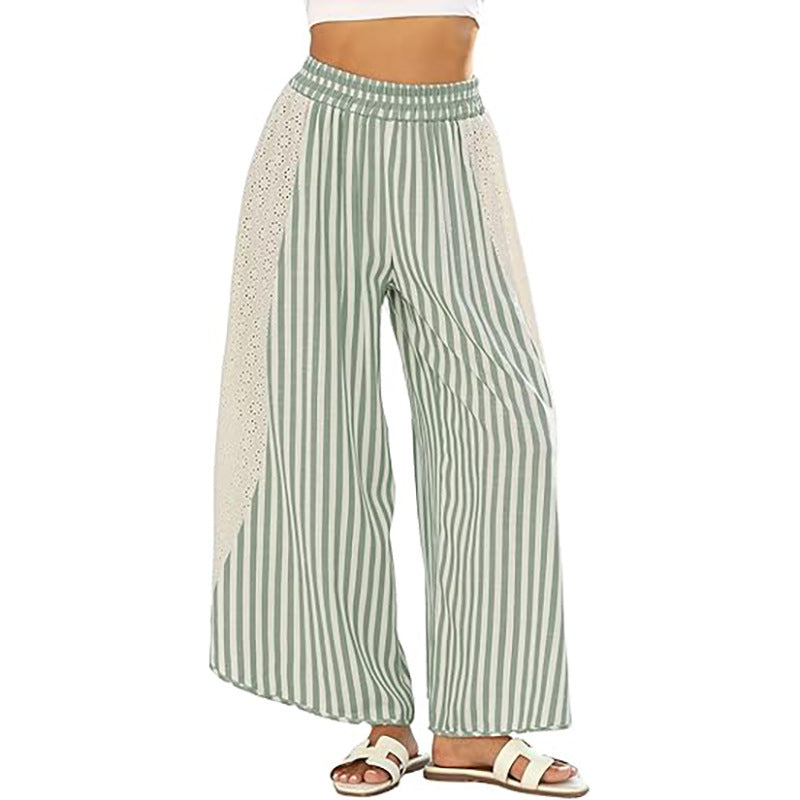Striped Wide Leg Pants with Crochet Lace Side Panels