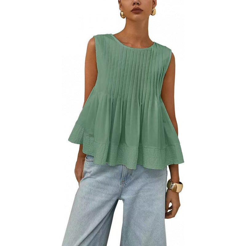 Pleated Peplum Sleeveless Blouse, Round Neck Flowy Summer Top