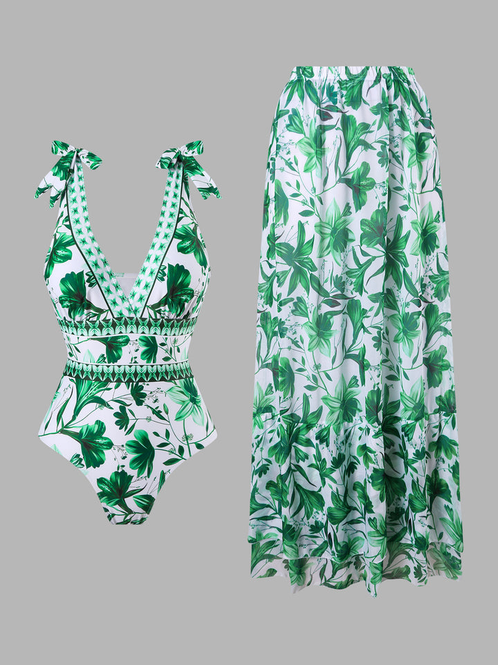 Floral One-Piece Swimsuit with Maxi Cover-Up Skirt Set