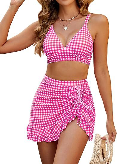 Red Gingham 2-Piece Swim Skirt Set, V-Neck Bikini Top with Ruched Skirt Bottom