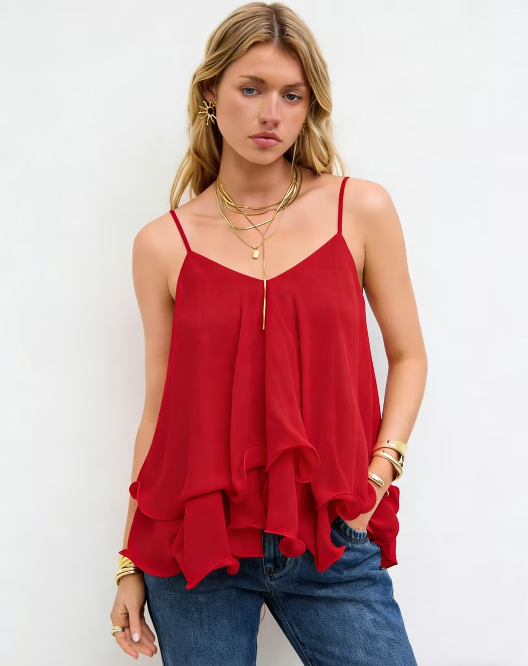 Mother’s Day Blush Pink Ruffle Cami Top | V-Neck Chiffon Tie-Back Babydoll Tank