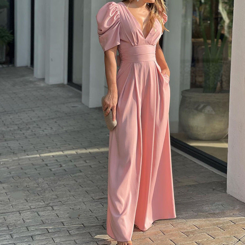 Puff Sleeve V-Neck Wide-Leg Jumpsuit