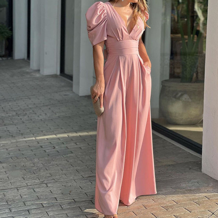 Puff Sleeve V-Neck Wide-Leg Jumpsuit