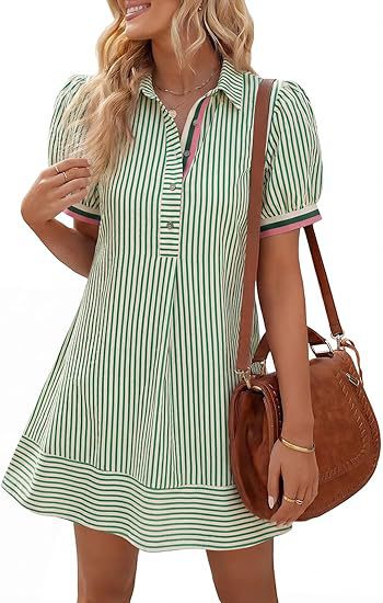 Blue and White Striped Puff Sleeve Shirt Dress