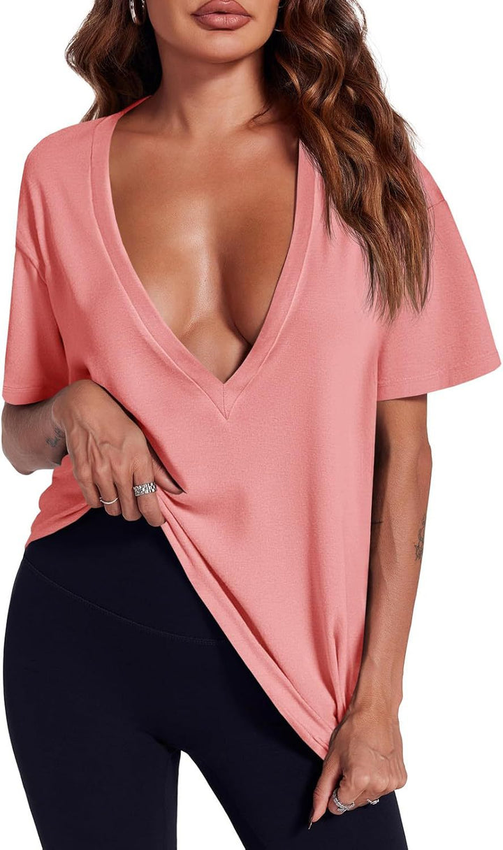 Dusty Pink Deep V-Neck Oversized Casual Tee