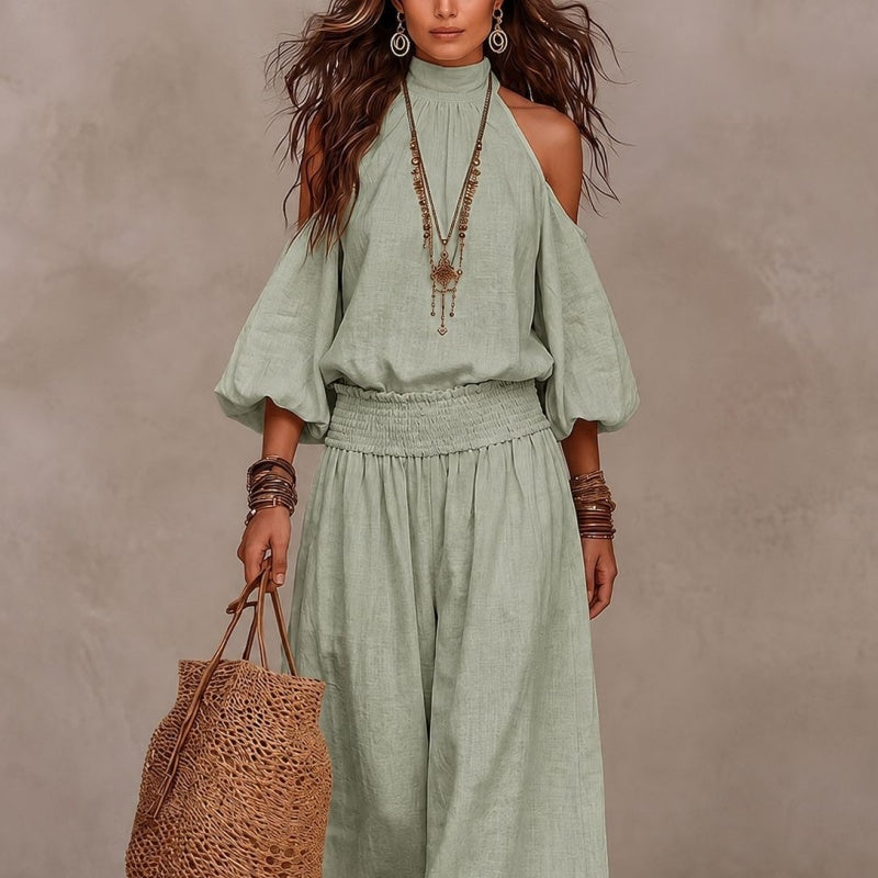 Cold Shoulder Halter Neck Linen Blend Two Piece Set
