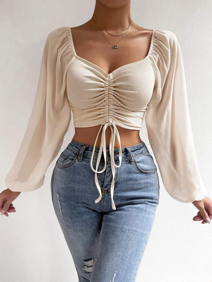 Square Neck Drawstring Ruched Crop Top |Puff Sleeve Square Neck Women&