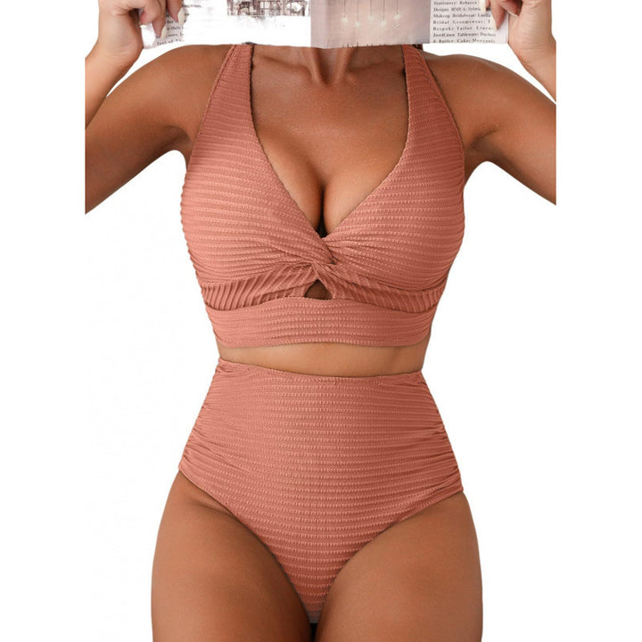 Orange Ribbed High-Waisted Bikini Set with Twist-Front Crop Top