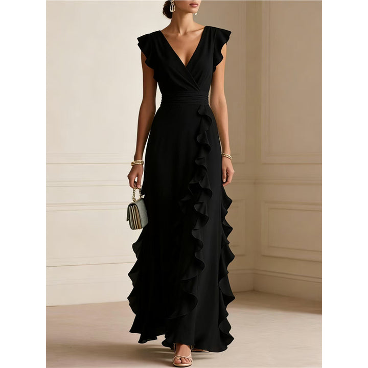 Ruffle Trim V-Neck Evening Maxi Dress