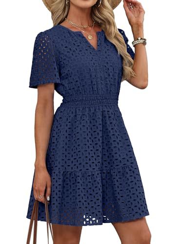 Eyelet Embroidery Short Sleeve Mini Dress, Smocked Waist Casual Summer Dress