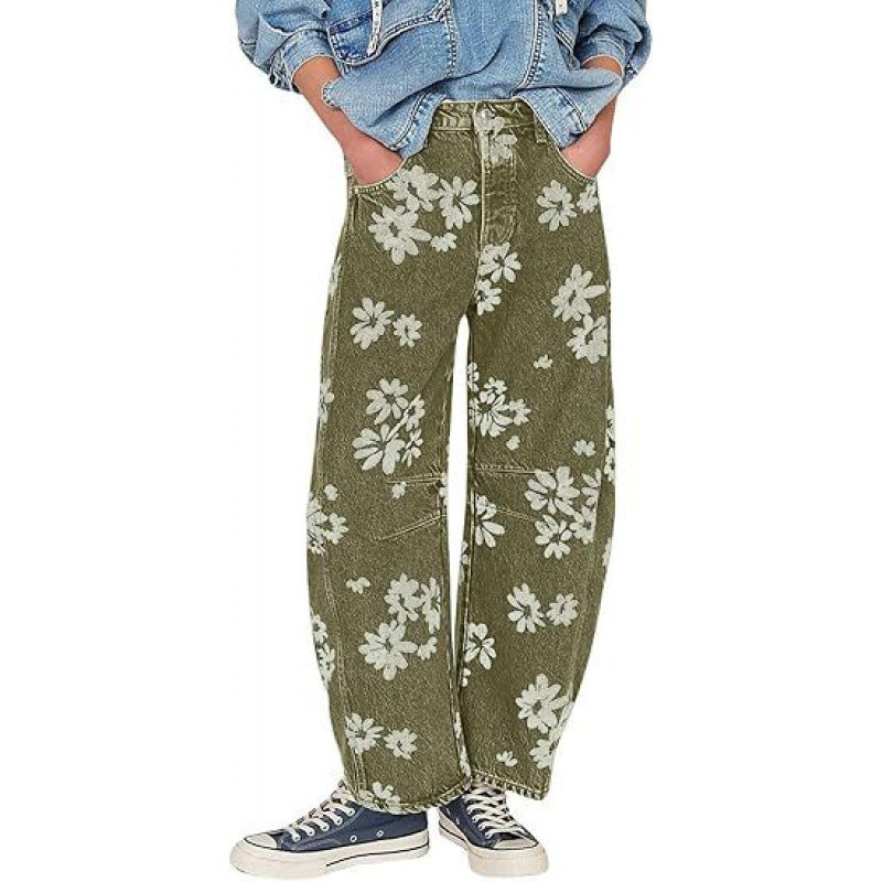 Women Y2k Distressed Barrel Jeans Baggy Wide Leg Jeans Floral Printed Boyfriend Patchwork Denim Pants