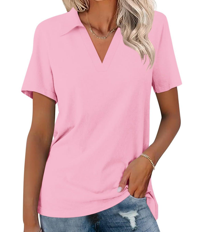 White Notch V-Neck Short Sleeve Polo T-Shirt
