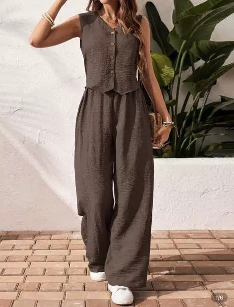 V-Neck Vest &amp; Wide-Leg Pants Two-Piece Set, Casual Loungewear Set for Women