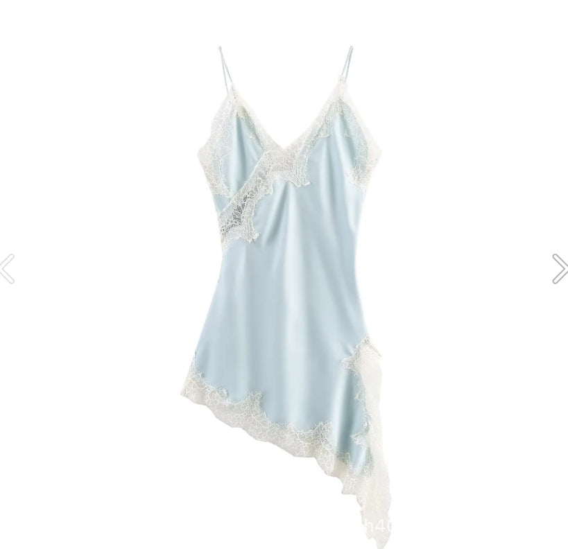 Lace Trim Satin Asymmetrical Slip Dress