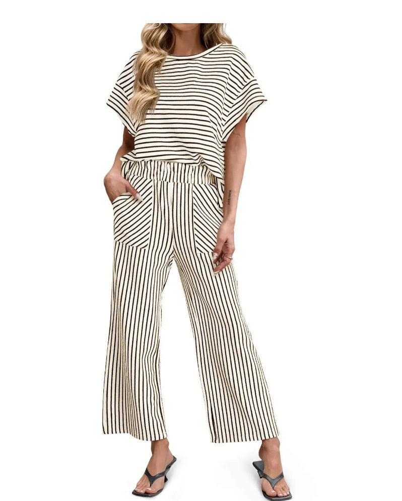 Womens Striped 2 Piece Sets Short Sleeve T Shirts Wide Leg Pants Matching Lounge Set with Pockets