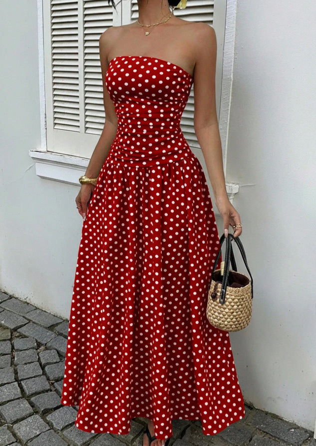 White Polka Dot Strapless Ruched Maxi Dress
