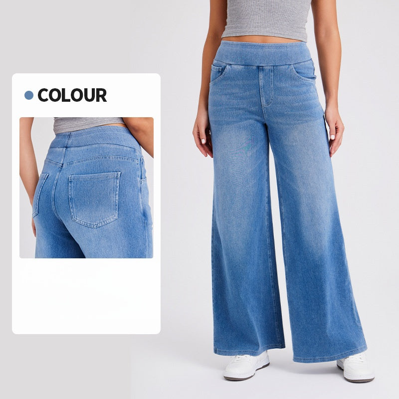 High-Waisted Stretch Pull-On Wide Leg Jeans | Ultra Comfort Soft Denim Pants