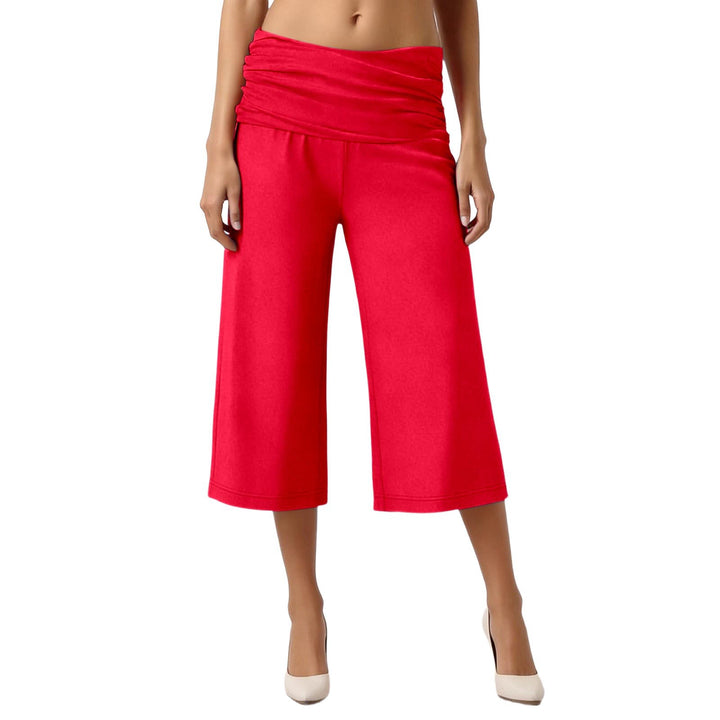 Fold-Over Waist Capri Pants, Soft Stretch Casual Cropped Trousers