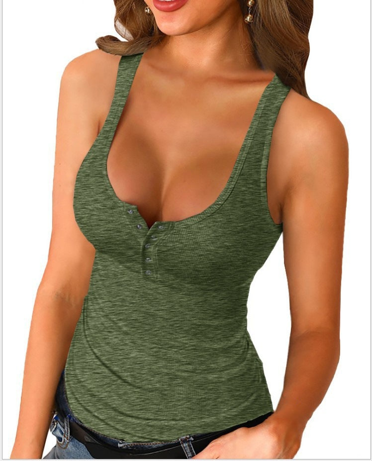 White Ribbed Henley Tank Top