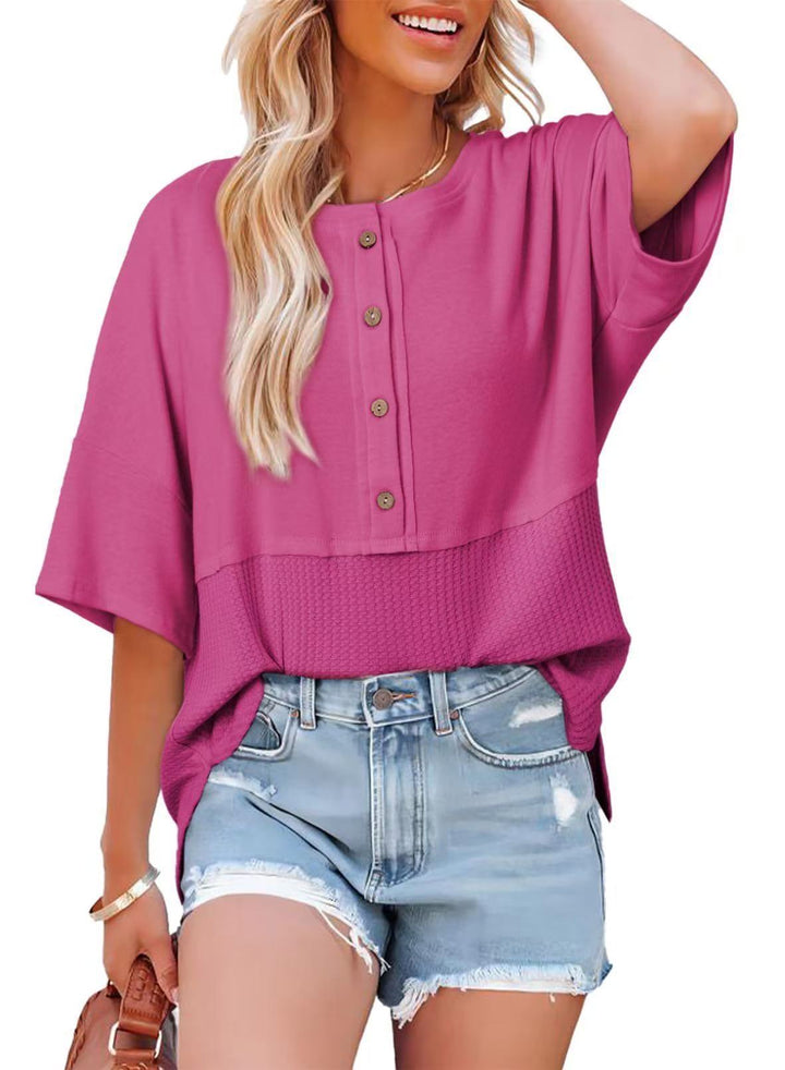 Olive Waffle Knit Henley Short Sleeve Top