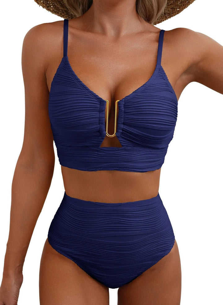 2 Piece Bikini Set U-Wire Cutout Popular Swimsuit High Waisted Textured 2026 Summer Beach Swim Bathing Suits