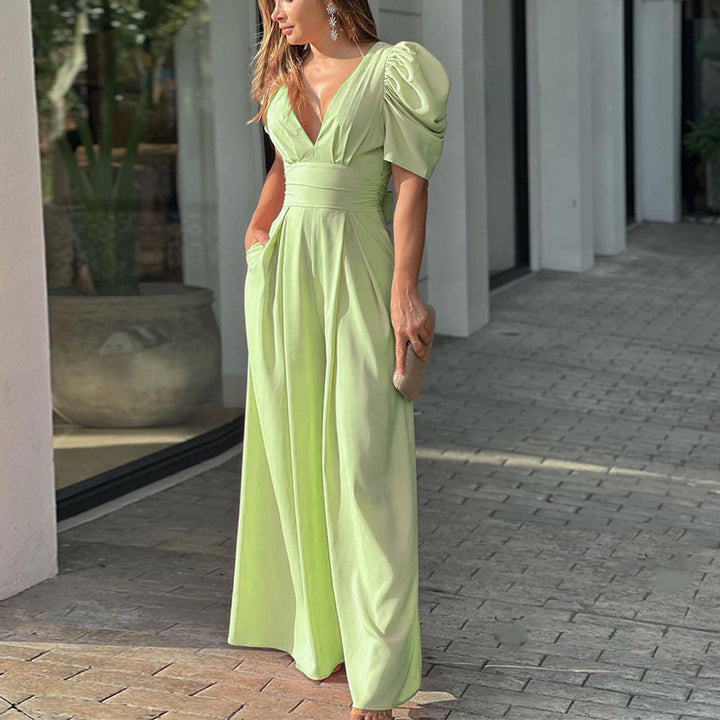 Puff Sleeve V-Neck Wide-Leg Jumpsuit
