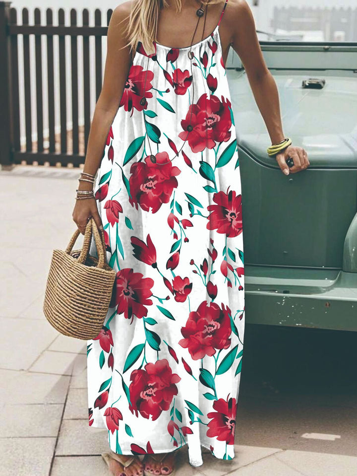 Leaf Print Spaghetti Strap Maxi Dress