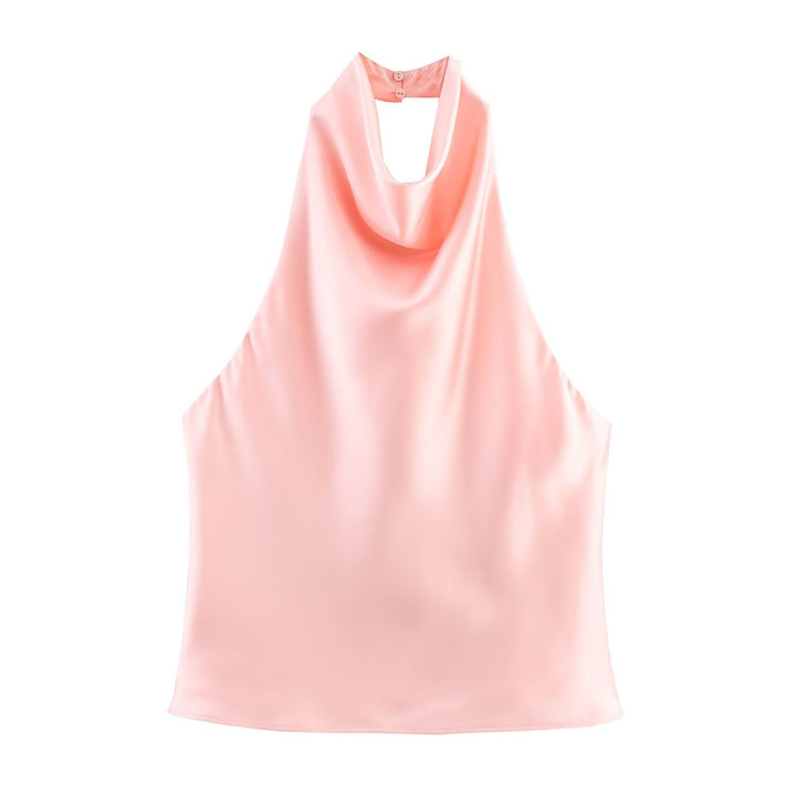 Chocolate Brown Cowl Neck Satin Halter Top, Elegant Sleeveless Blouse for Women