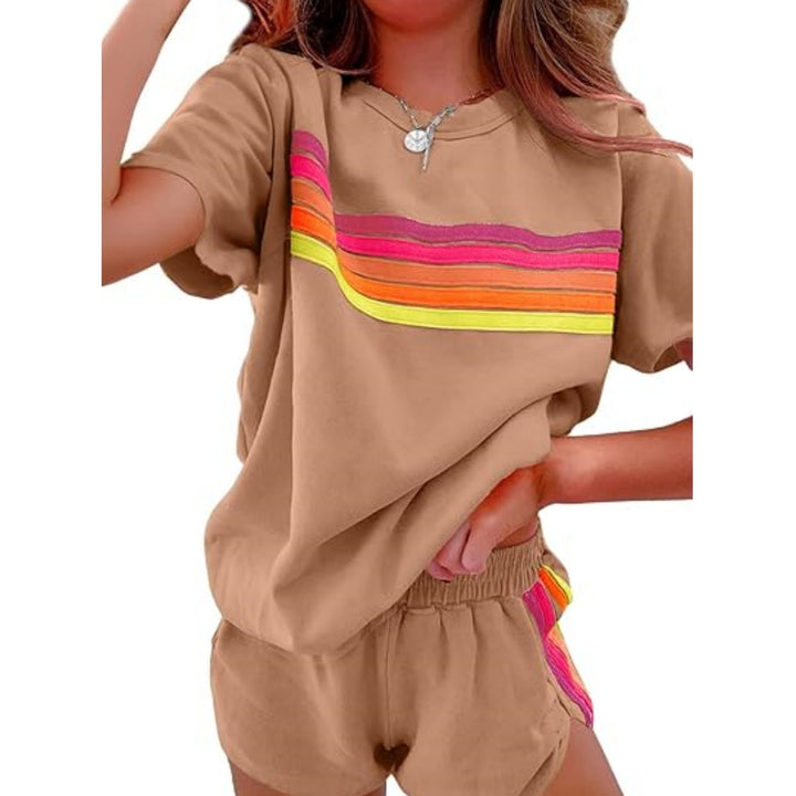 Green Rainbow Stripe Tee &amp;amp; Shorts Loungewear Set