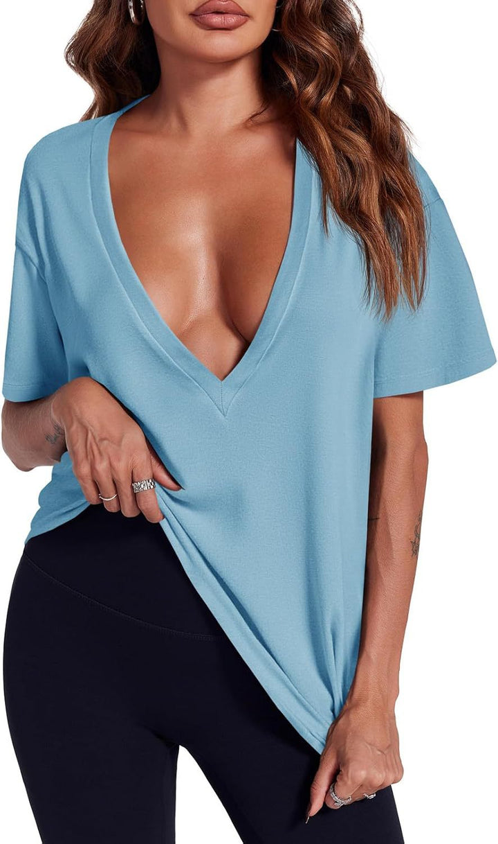 Dusty Pink Deep V-Neck Oversized Casual Tee