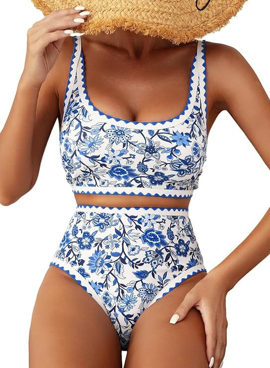 Women Bikini Sets Floral Print Whip Stitch 2 Piece Swimsuits High Waisted Scoop Bathing Suits