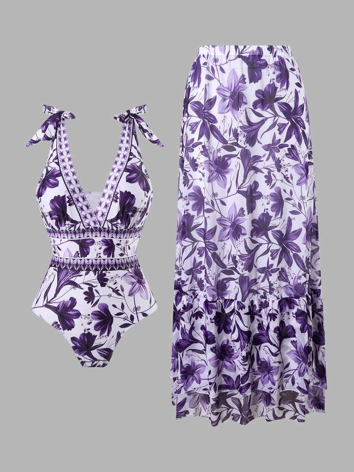 Floral One-Piece Swimsuit with Maxi Cover-Up Skirt Set