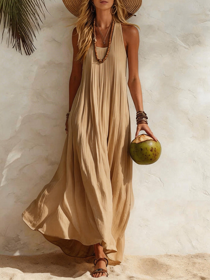White Sleeveless Crinkled Linen-Blend Maxi Dress