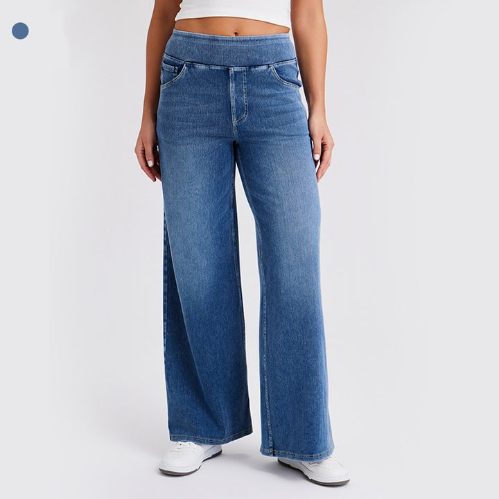 High-Waisted Stretch Pull-On Wide Leg Jeans | Ultra Comfort Soft Denim Pants