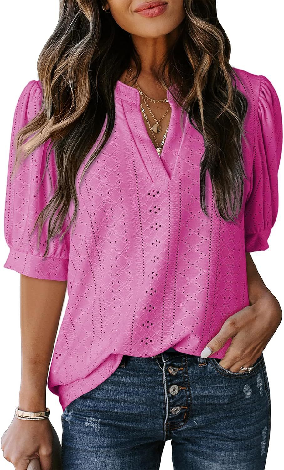 Eyelet Puff Sleeve Split Neck Blouse