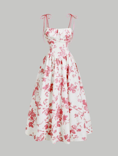 Black Floral Tie-Strap Midi A-Line Dress