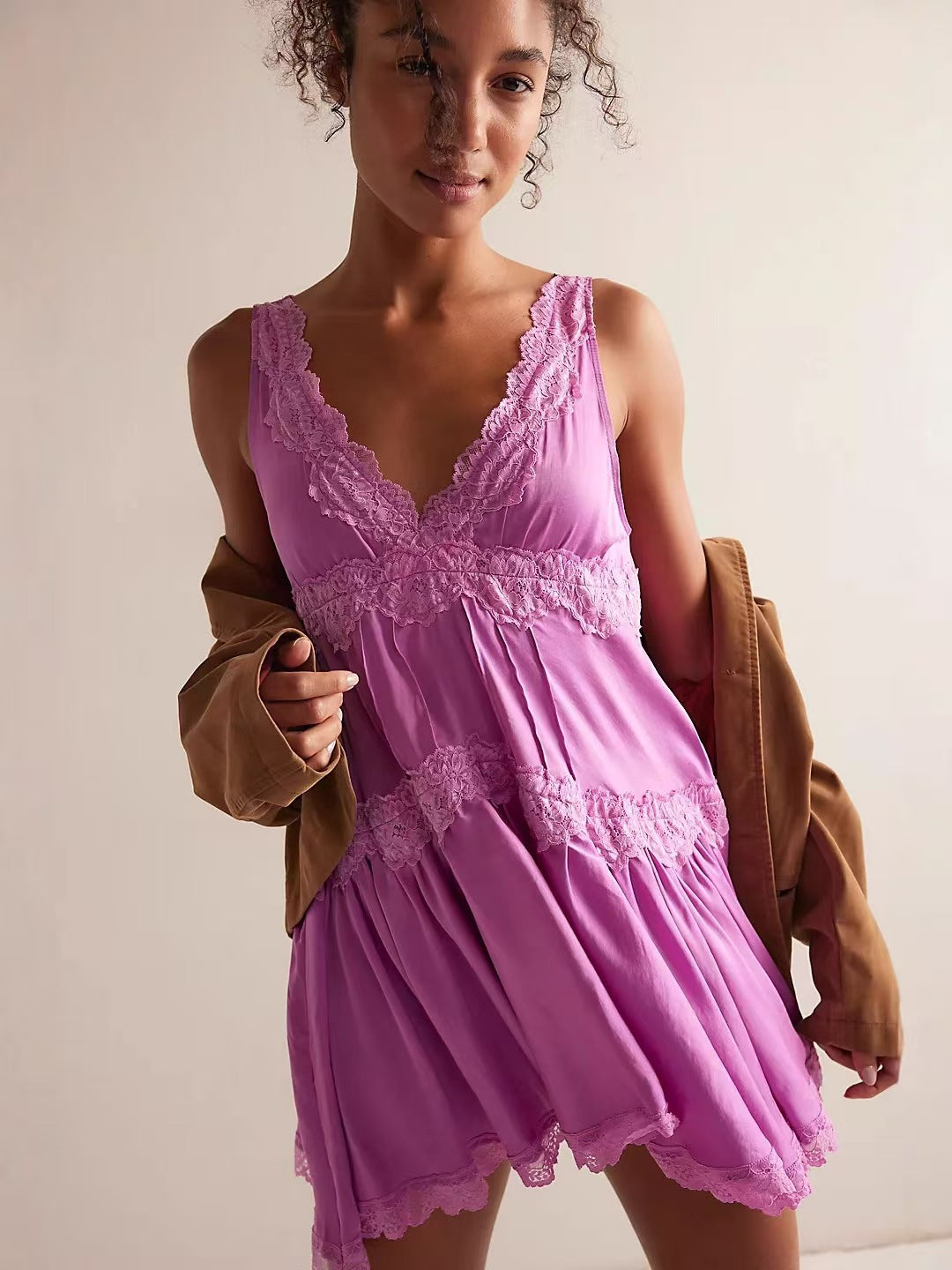 White Lace-Trimmed Sleeveless Babydoll Mini Dress