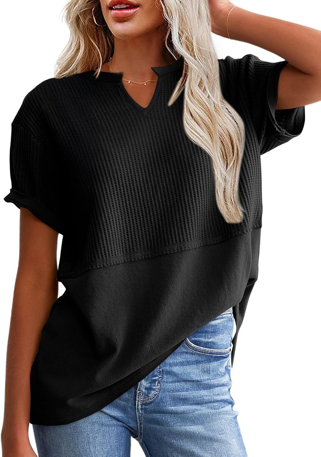 Waffle Knit Split-Neck Short Sleeve Top, Soft Textured Casual Tee